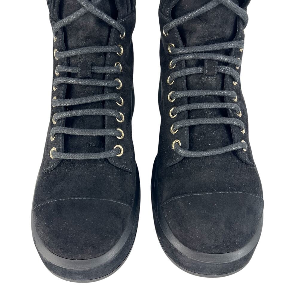 Chanel CC Suede Quilted Lace Up Combat Cap Toe Boots in Black - Picture 8 of 16
